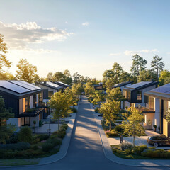 Modern residential neighborhood with solar panels and green landscaping at sunset