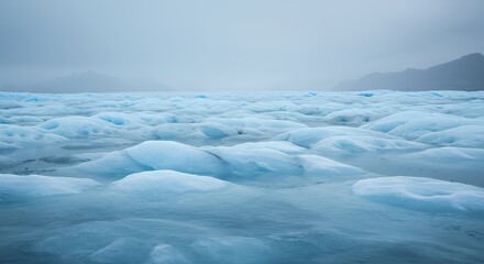 Frozen Glacial Landscape with Icy Terrain and Mountain Backdrop in Overcast Weather