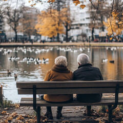 Elderly couple enjoys the tranquility of a park pond during autumn afternoons