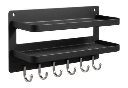 Wall-mounted garden shelves with integrated hooks, suitable for organizing tools in a garden shed.