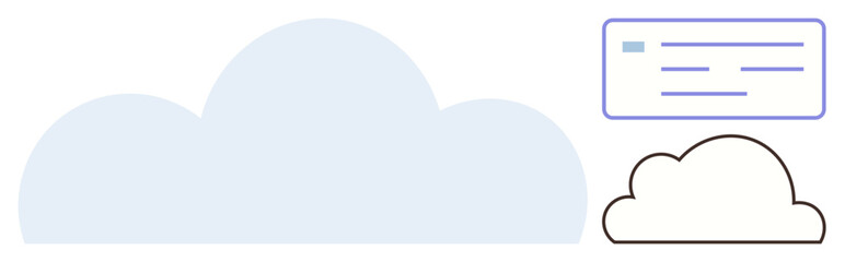 Large cloud shape, small outlined cloud, and minimal digital interface box, symbolizing data storage, cloud computing, and digital technology. Ideal for technology, cloud services, data sharing IT