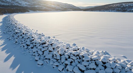 Snow Covered Rocky Shoreline with Frozen Lake and Mountain Range in Bright Winter Sunlight