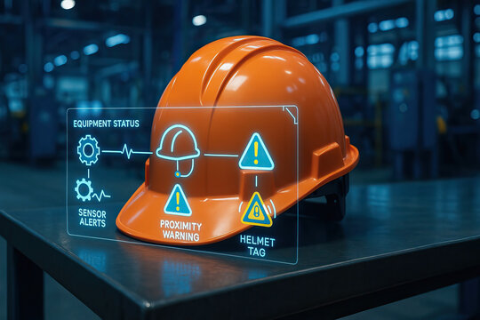 Orange safety helmet on table with digital interface showing equipment status and sensor alerts, highlighting proximity warning and helmet tag in factory setting