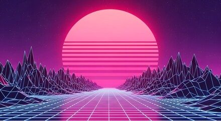 Retro wave landscape illustration: Neon grid, mountains, and sunset. Futuristic purple synthwave background scene, old computer graphic style, big moon