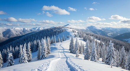 Snowy Mountain Landscape with Pine Trees and Blue Sky in Winter