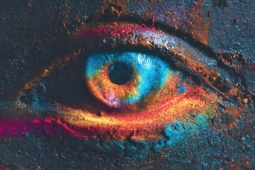 A colorful eye with a blue iris