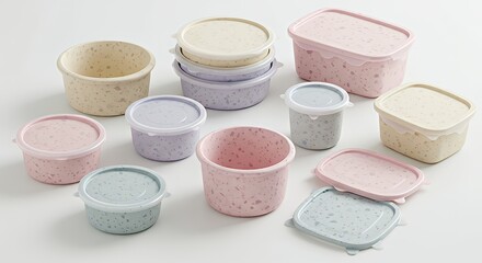 Colorful Plastic Food Containers in Pastel Pink Blue and Beige for Food Storage and Organization