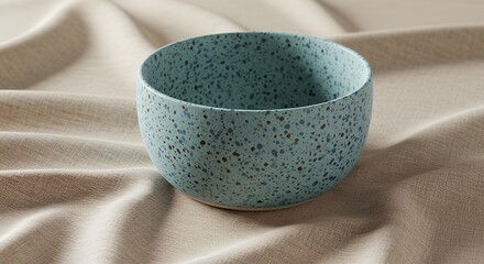 Speckled Blue Ceramic Bowl on Soft Beige Fabric Background