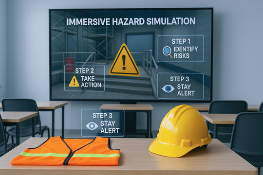 Immersive hazard simulation training with safety vest and yellow hard hat on desk in classroom, emphasizing risk identification, action, and alertness for workplace safety