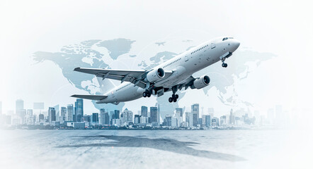 Airplane taking off against a cityscape and world map. Travel, air transport, global logistics and communication concept, minimalist illustration on white background
