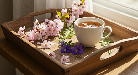 Tea Cup with Pink and Purple Flowers on Wooden Tray Near Sunlit Window