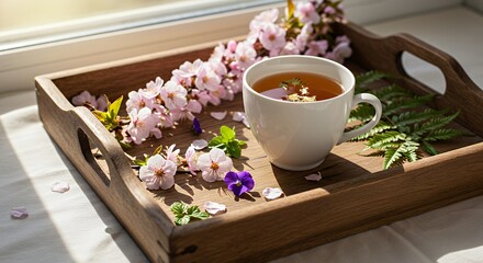 White Cup of Tea on Wooden Tray with Pink and Purple Flowers and Green Foliage in Natural Light