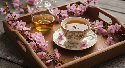 Elegant Floral Teacup with Tea on Wooden Tray with Cherry Blossom Branches