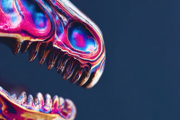 A colorful dinosaur skull with a blue background