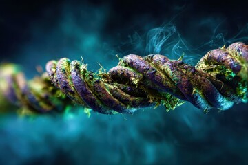 A rope is twisted and tangled, with a green substance growing on it
