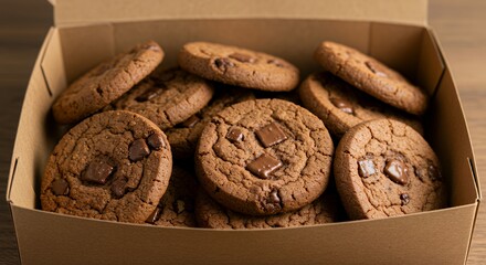 Chocolate Chip Cookies in Brown Cardboard Box on Wooden Surface
