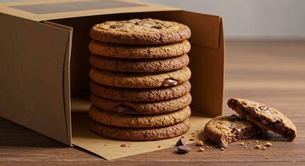 Stack of Chocolate Chip Cookies in Brown Cardboard Box on Wooden Surface