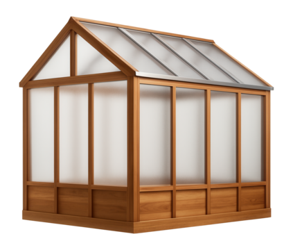 Freestanding greenhouse with a cedar frame and polycarbonate panels, suitable for country homes to blend with natural surroundings.