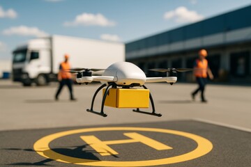 Delivery Drone Lifts Off from High-Tech Logistics Hub with Parcel