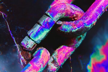 A chain with a colorful link is shown