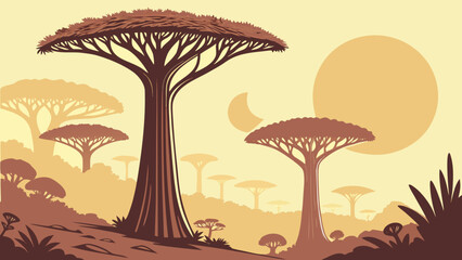 Serene stylized illustration of majestic baobab trees under a warm sunset, evoking a peaceful and tranquil African savanna landscape with minimalist design elements.