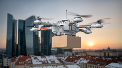 Fototapeta premium Autonomous Drone in Flight Over City Delivering Package