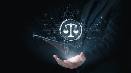 Futuristic digital law interface displaying justice scale, highlighting digital law, AI compliance,...