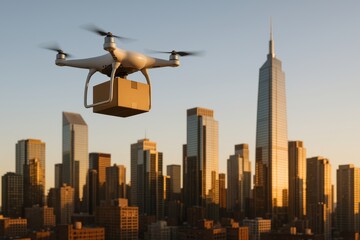 Naklejka premium Autonomous Drone in Flight Over City Delivering Package