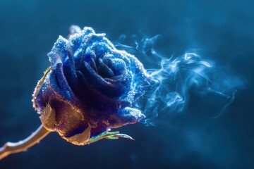 A blue rose with glitter on it is surrounded by smoke