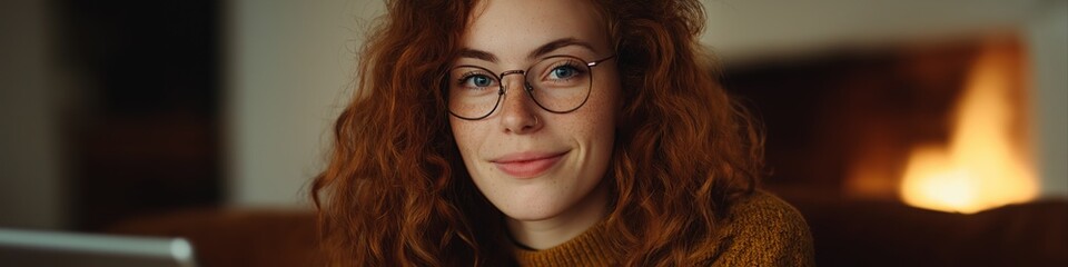 Obraz premium Young caucasian female with curly red hair wearing glasses relaxing indoors