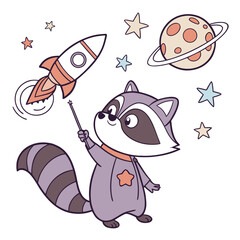 Cute SVG of a Content Raccoon in Cosmic Pastels colors, featuring with a magic wand in a Space explorer setting