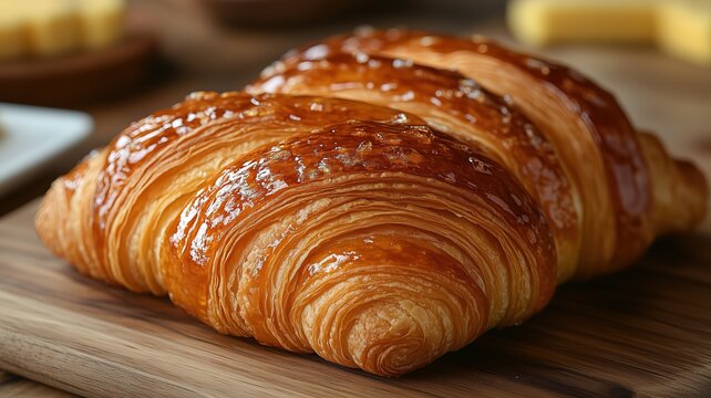 Macro shot of croissant laminated layers with honey glaze and butter sheen on bakery style wood background