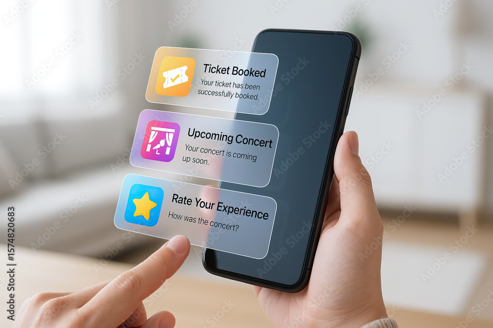 Poster ticket booking confirmation, upcoming concert notification, and experience rating options displayed 