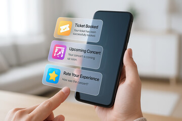 Ticket booking confirmation, upcoming concert notification, and experience rating options displayed on smartphone screen, showing digital interaction and event planning