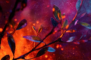 A colorful image of a tree with leaves that are orange and blue