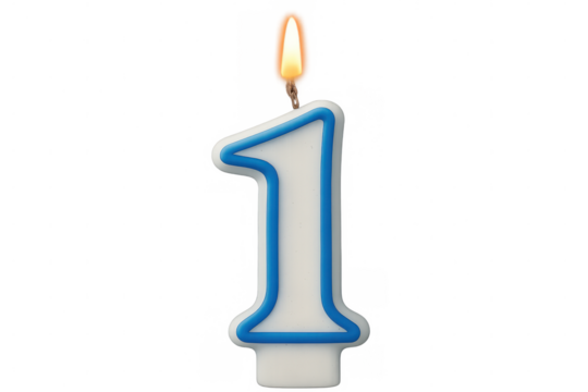 Burning numeral birthday candle with blue trim, showcasing first birthday milestone against transparent backdrop