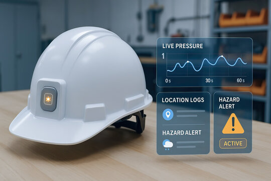 Smart safety helmet with sensor and digital hazard alert system showing live pressure, location logs, and active hazard warnings for industrial workplace safety