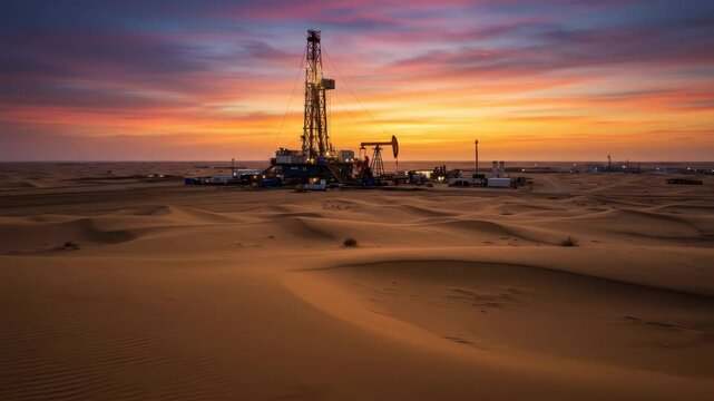 Oil Rig at Sunset in the Desert - An oil drilling rig and pump jack stand silhouetted against a vibrant sunset over a vast expanse of sand dunes in a desert landscape.