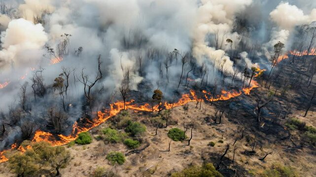 Aerial view of wildfire burning through dry forest with heavy smoke and flames in natural disaster scene.
