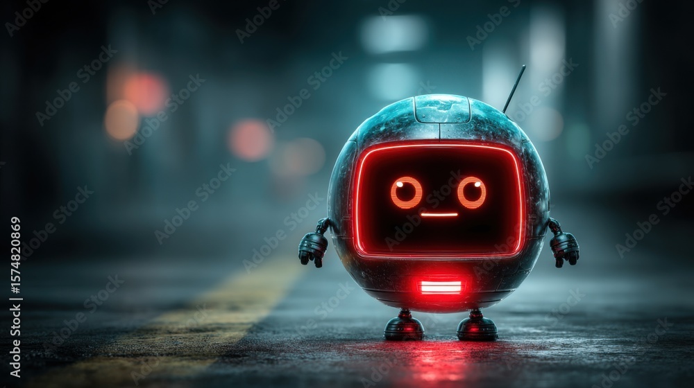 Poster a cute robot character standing in an urban environment, with a friendly display screen