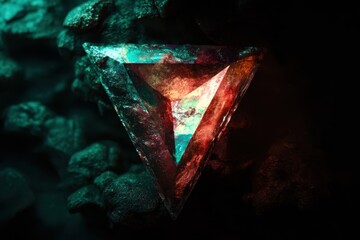 A triangular gemstone with a blue and red hue