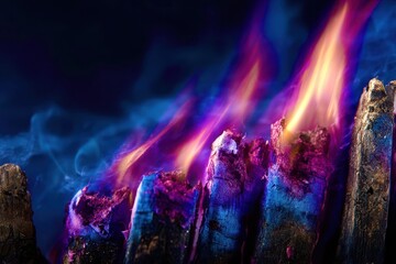 A pile of wood with purple and blue flames coming out of it