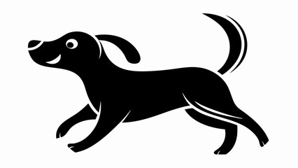 A black silhouette of a happy dog running with its tail up and floppy ears in a white background scene
