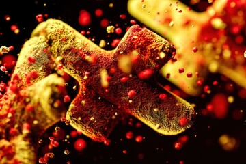 A close up of a red and yellow cross with a lot of red dust