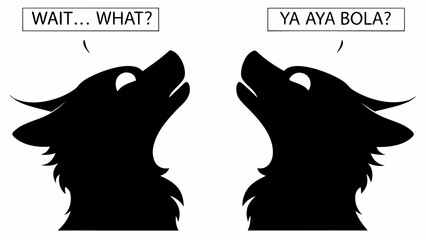 Two wolf silhouettes facing each other with speech bubbles containing text on a white background
