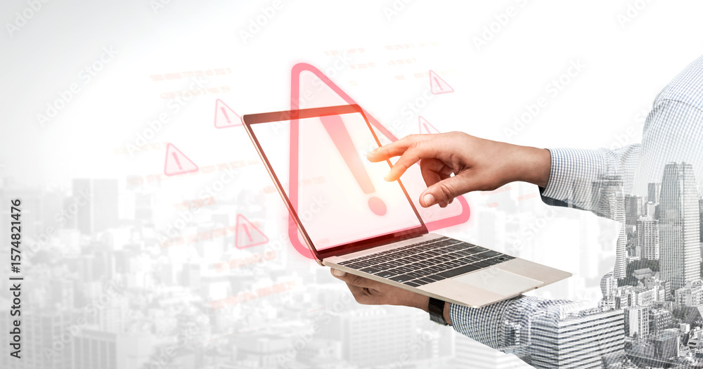 Poster cybersecurity alert warning showing red cyber for data breach, network threat, and cyber security sy