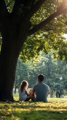 Father and daughter share a quiet moment under a large tree in the park on a sunny day