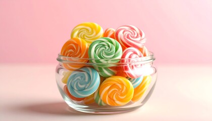 Assorted Spiral Lollipops in Clear Glass Bowl on Soft Pink Background