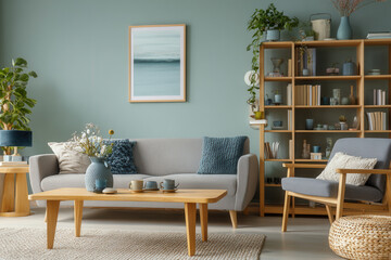 Cozy living room design featuring light blue and beige hues with modern decor accents and inviting accessories for a relaxing atmosphere