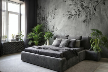 Modern dark bedroom featuring gray textiles and floral accents with natural greenery for a soothing atmosphere